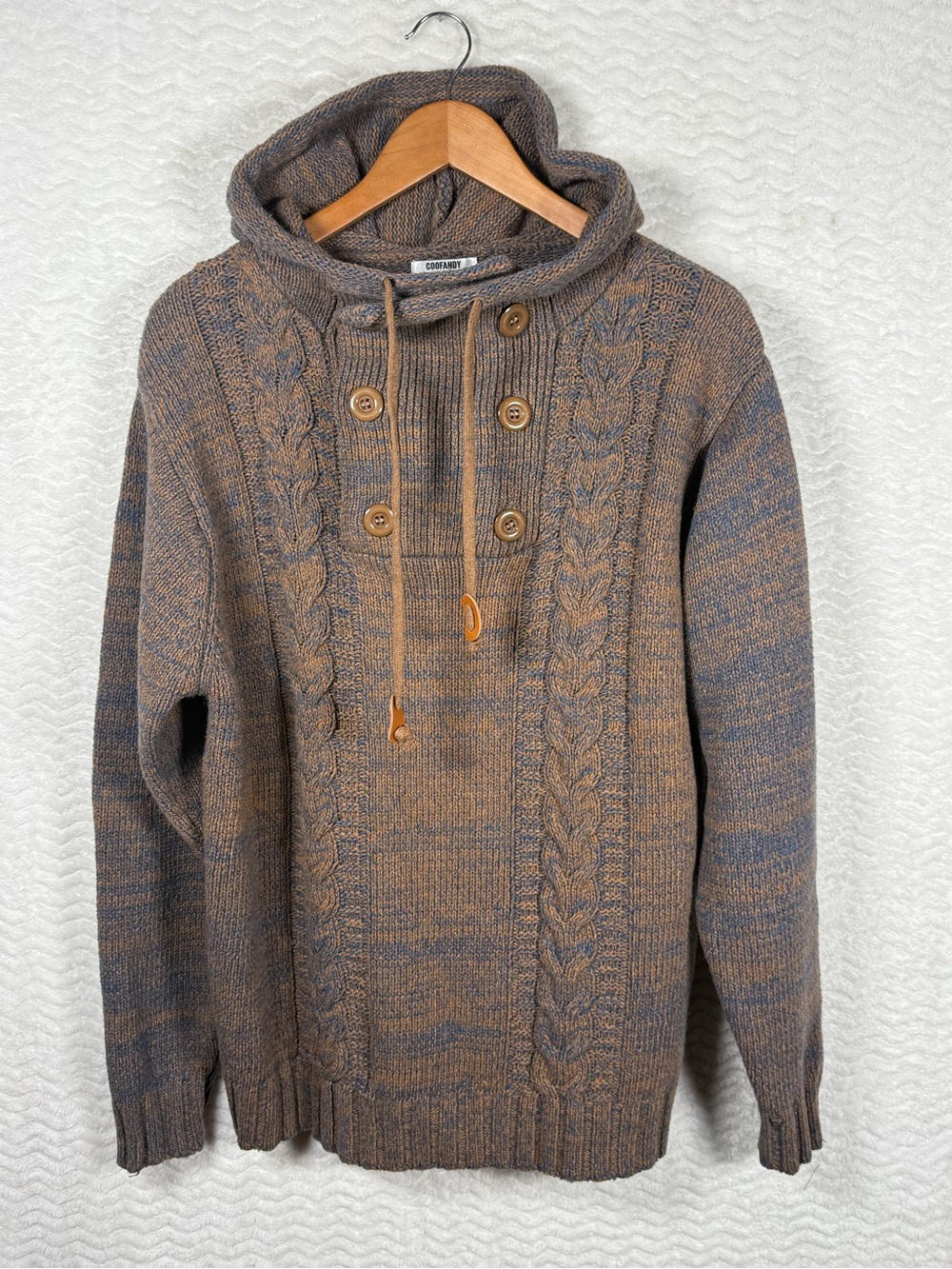 Coofandy Men's Hooded Cable-Knit Sweater in Brown-Gray